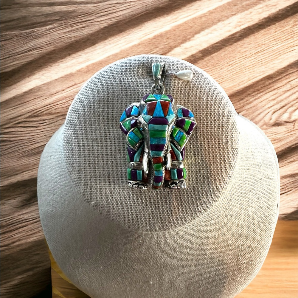 Beautiful Solid Sterling Silver Elephant Pendant in Turquoise & Coral Stones